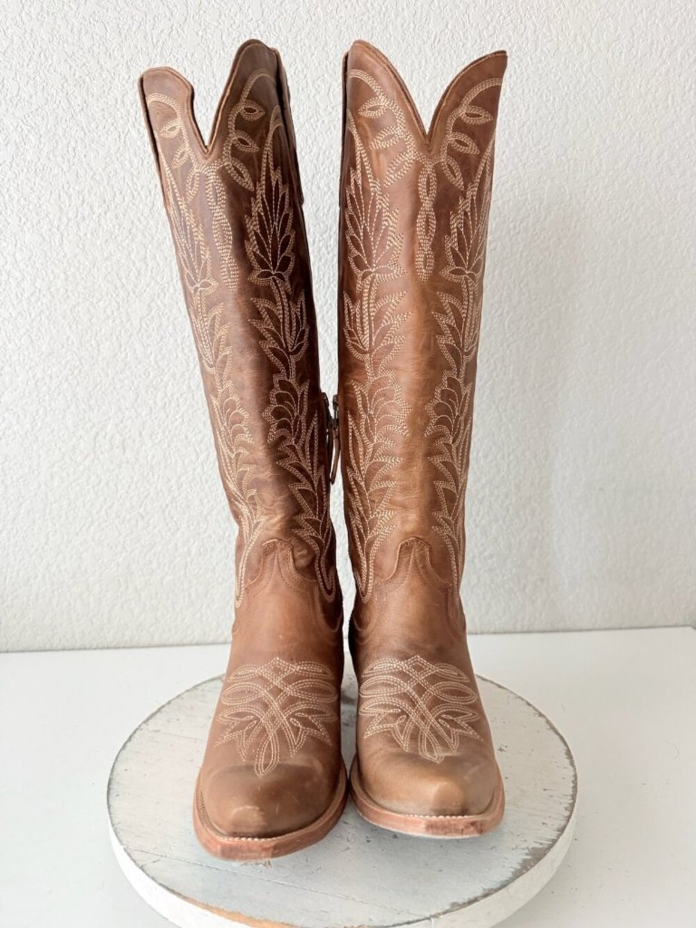 Lane SANDAGA Knee High Brown Cowboy Boots Womens 9 Western Tall Zipper Snip Toe - Picture 6 of 13